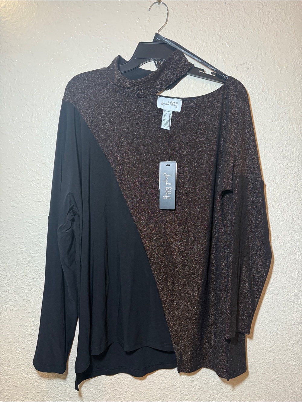 Joseph Ribkoff Black and Bronze Asymmetric Sparkle Long Sleeve Top